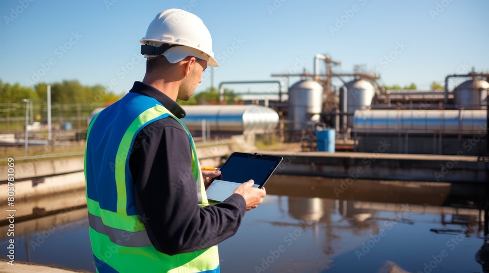 Engineer with a tablet monitoring real-time data from wastewater treatment sensors, Engineer with a tablet monitoring real-time data from wastewater treatment sensors,