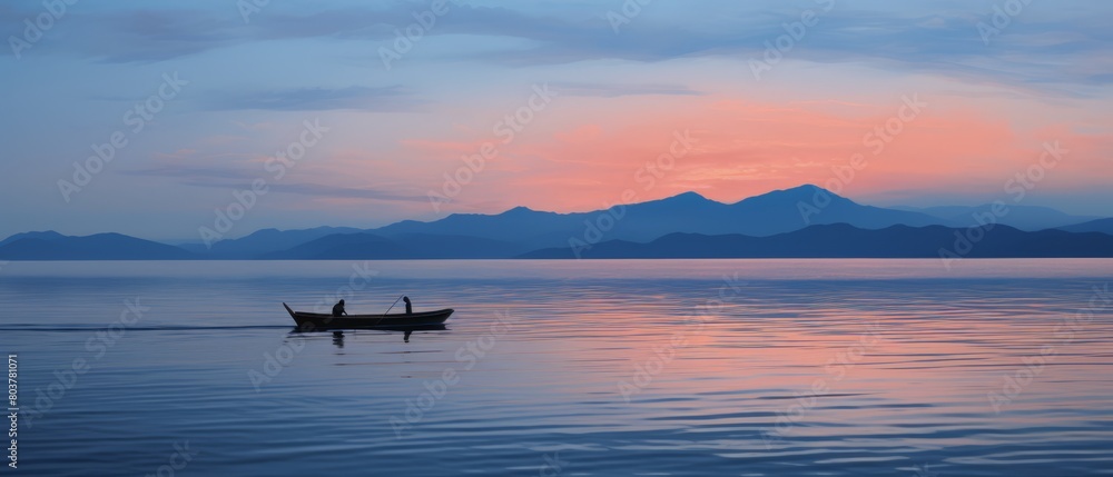 Calm sea with a lone fishing boat at dusk, warm lighting,