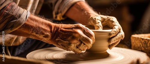 Photo of a craftsman shaping a ceramic vase on a potter’s wheel, highlighting artistic skill and traditional manufacturing,