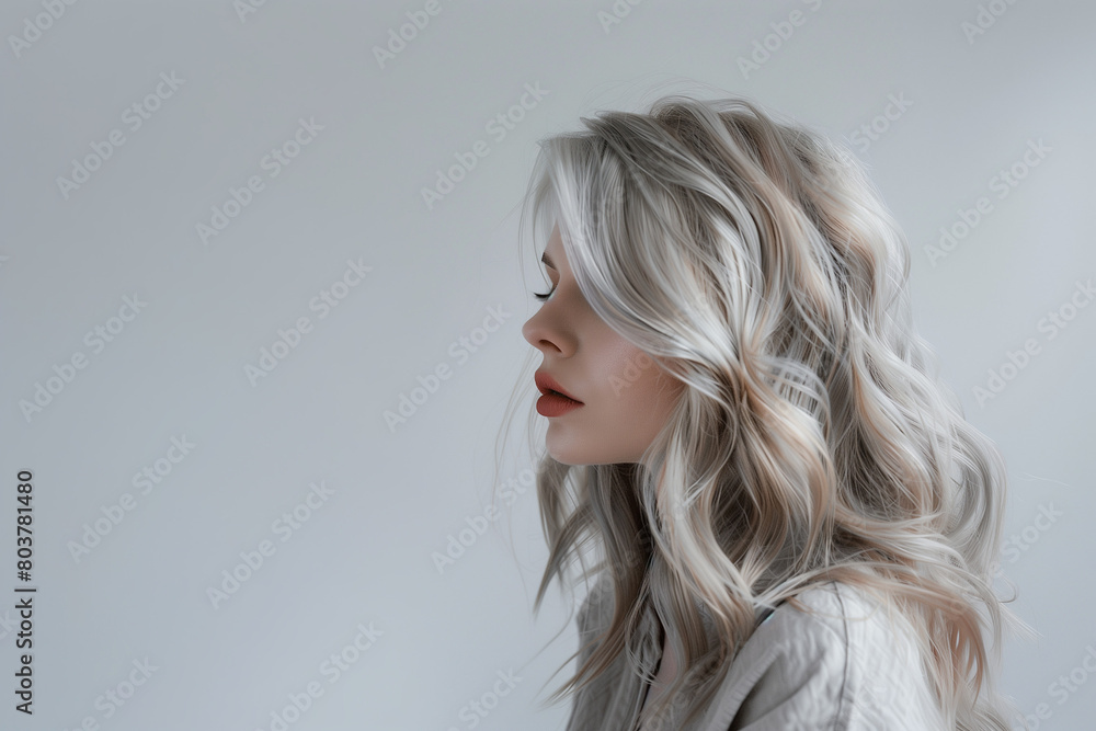 Naklejka premium Chic Sophistication: Captivating Profile of a Woman with Light Ash Blonde Hair - Fashion, Style, Trendy, clean composition, ample negative space