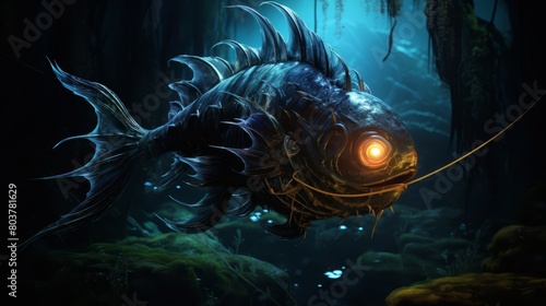 Anglerfish lurking in deep shadowy waters with its luminescent lure, illustrating the adaptations of deep-sea life,