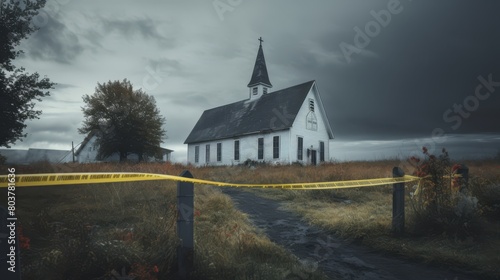 Police tape around a small  rural church entrance  graveyard in the background  overcast sky 