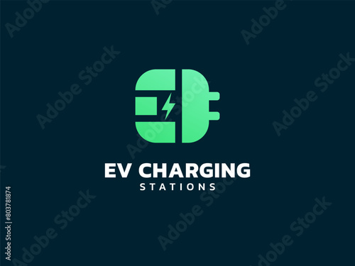 Electric vehicle charging letter E with EV Plug Connector and Lightning Bolt Symbol logo vector design concept. Letter E logotype symbol for Electric Car, EV station, ui, web, ev business, infographic