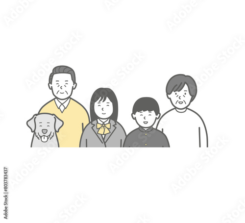 笑顔の両親と学生と犬のいる5人家族の上半身イラスト