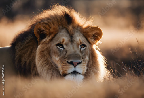 A majestic male lion resting in golden grass with sunlight highlighting its mane and face. World Lion Day.