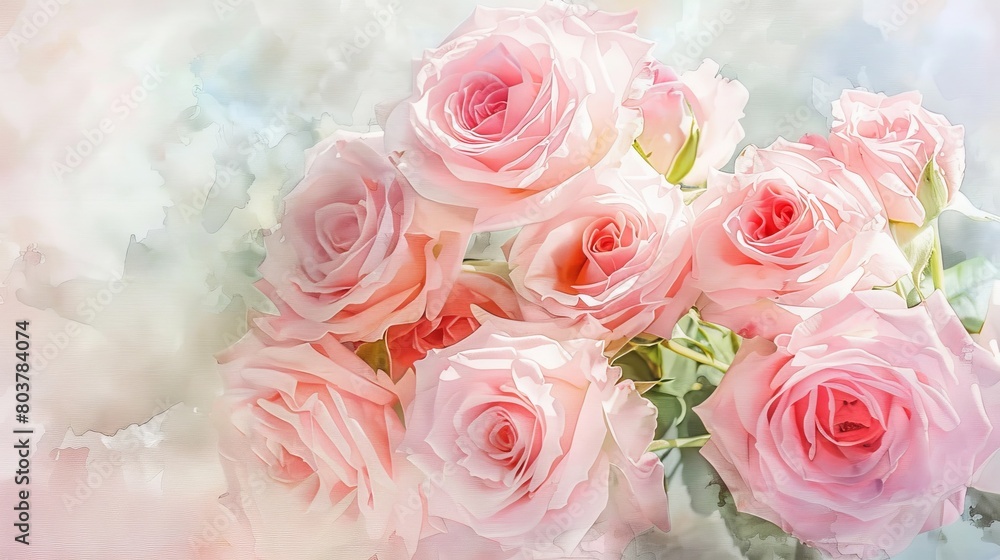 Artistic watercolor of a bouquet of garden roses in full bloom, each petal painted with delicate strokes to emphasize freshness and vitality Artistic watercolor of a bouquet of garden roses in full bloom, each petal painted with delicate strokes to emphasize freshness and vitality