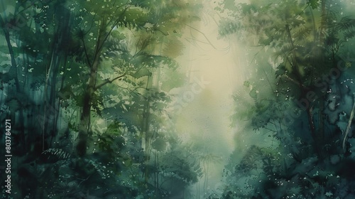 Artistic watercolor of a deep, lush forest in early morning, mist hanging low and soft light piercing through the canopy