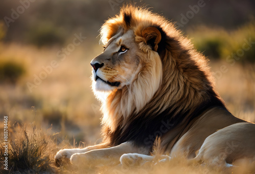 A majestic lion sits in a golden savannah during sunset  its mane highlighted by the warm light. World Lion Day.