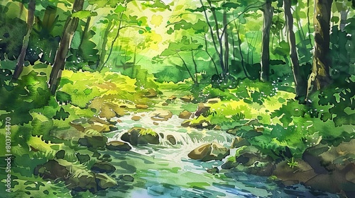 Artistic watercolor of a gentle stream running through a vibrant green forest  symbolizing renewal and the soothing sounds of nature