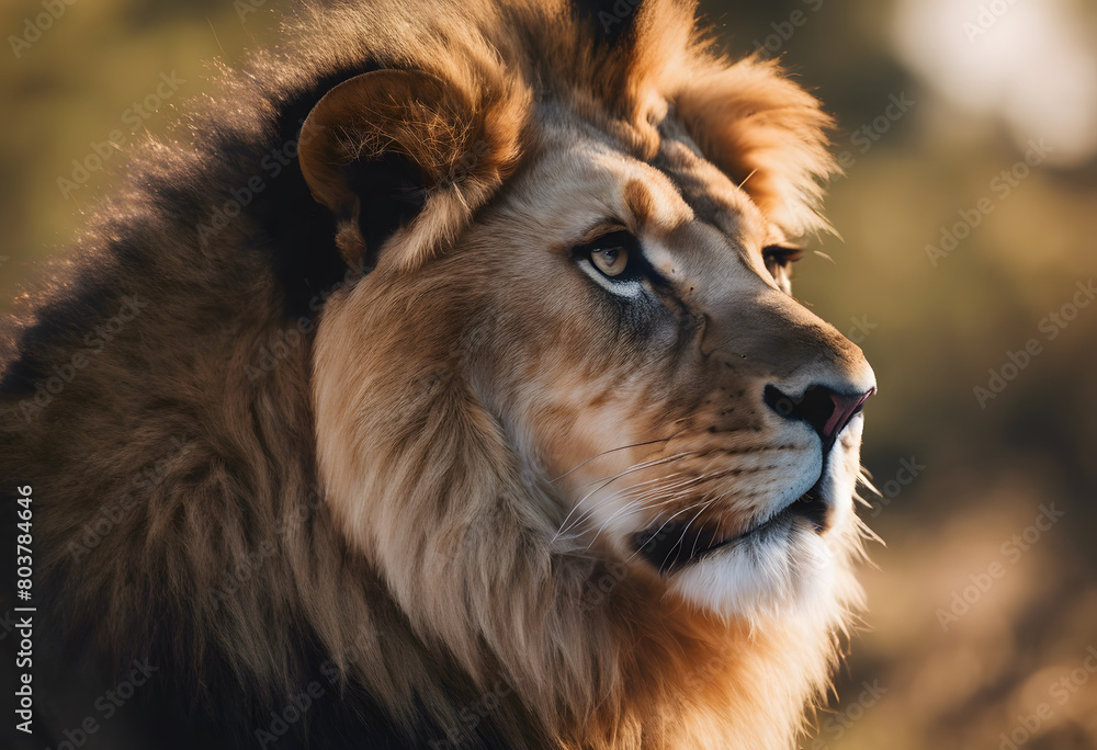 Close-up of a majestic lion with a focused expression in golden light, highlighting its mane and facial features. World Lion Day.