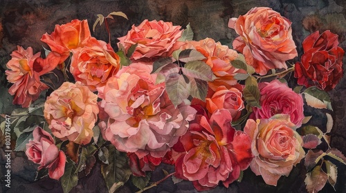 Artistic watercolor of an assorted bouquet of garden roses, each petal painted with detailed strokes to evoke hope and renewal