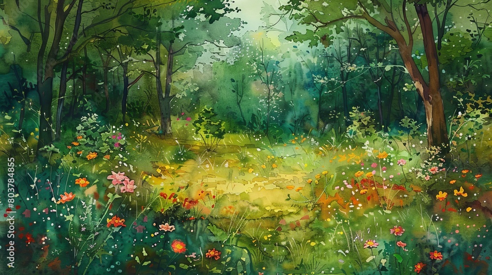 Artistic watercolor of an early morning in the forest, the air misty and trees cloaked in soothing shades of green