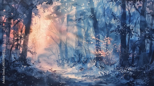 Artistic watercolor of an ethereal forest scene at dawn  the first rays of light piercing through the mist and leaves  invoking peace and renewal