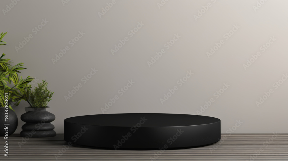 A black round table sits in front of a wall A black round table sits in front of a wall
