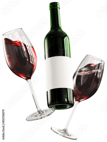 3D Red Wine Glasses and Bottle Floating, Celebration Concept