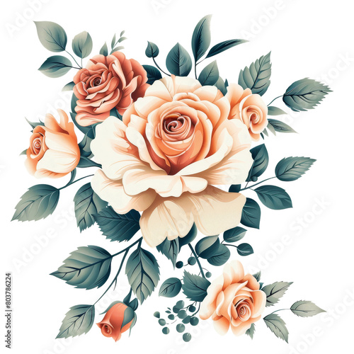 Bouquet of roses, white background, ideal for greeting cards, wedding invitations, floral themed designs, romantic occasions, and Valentines Day projects.