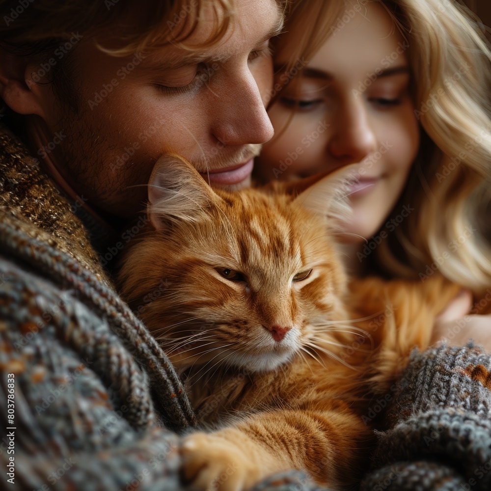 Cuddle Time: Couple Enjoying Moments with Their Feline Friend
