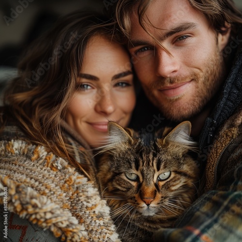 Feline Joy: Young Couple Cherishing Time with Their Cat