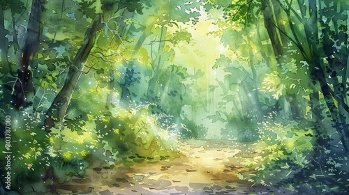 Artistic watercolor showing a stream winding through lush woodlands  the movement of water adding a calming effect to the dense forest setting