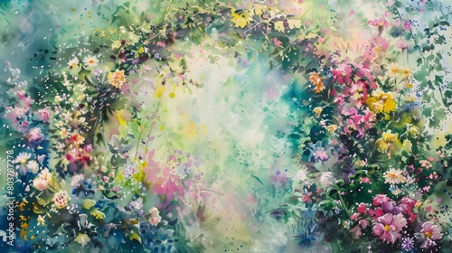 Bright watercolor of a floral archway in a garden  lush blooms forming a gateway that evokes feelings of entering a peaceful  healing space