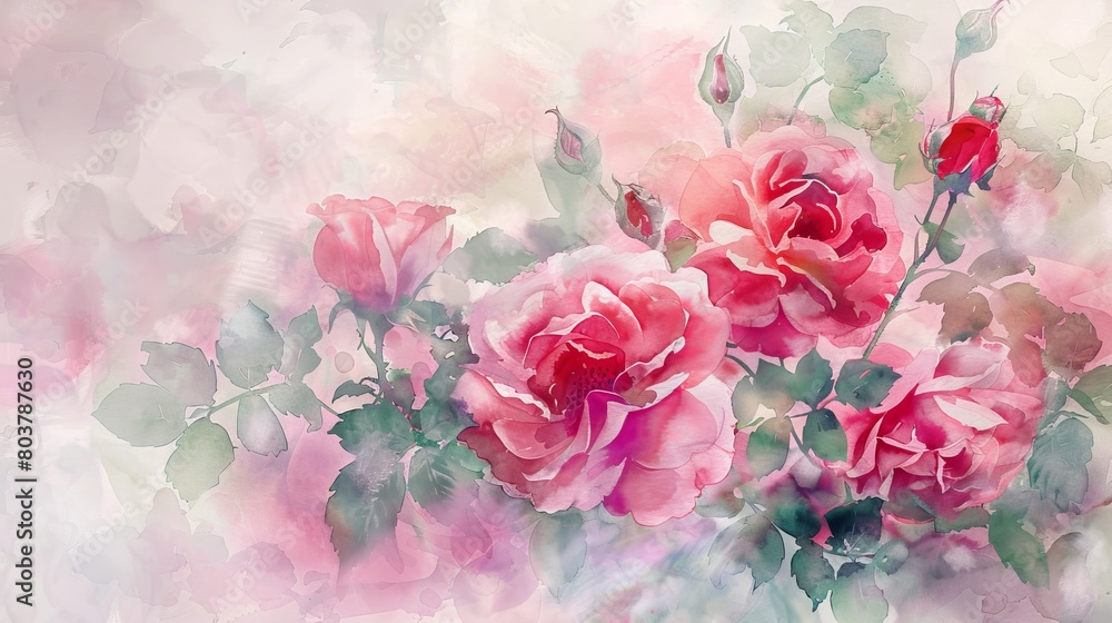 Delicate watercolor of a cluster of garden roses in full bloom, soft petals in shades of pink and red enhancing a sense of hope and renewal Delicate watercolor of a cluster of garden roses in full bloom, soft petals in shades of pink and red enhancing a sense of hope and renewal