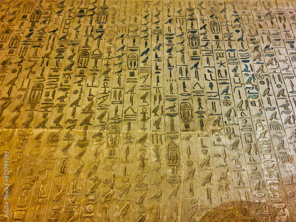 Famous Pyramid hieroglyphic Texts inside the Pyramid of Unas of 5th dynasty identifying the king with Ra and Osiris in after life at the Saqqara necropolis near Cairo,Egypt