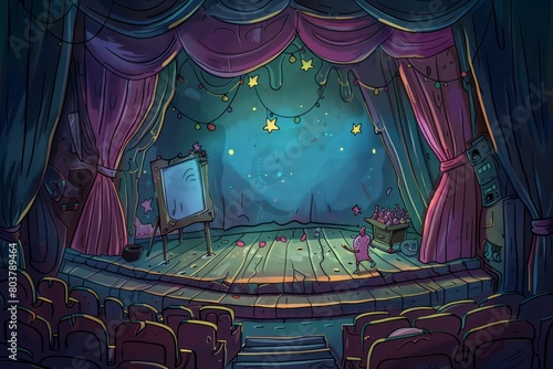 Cartoon cute doodles of an abandoned theater, with faded curtains and whimsical creatures putting on impromptu shows for an audience of stars, Generative AI photo