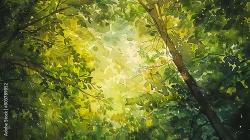 Dynamic watercolor showing a view from under the forest canopy  sunlight piercing through the leaves  highlighting spots of the forest floor