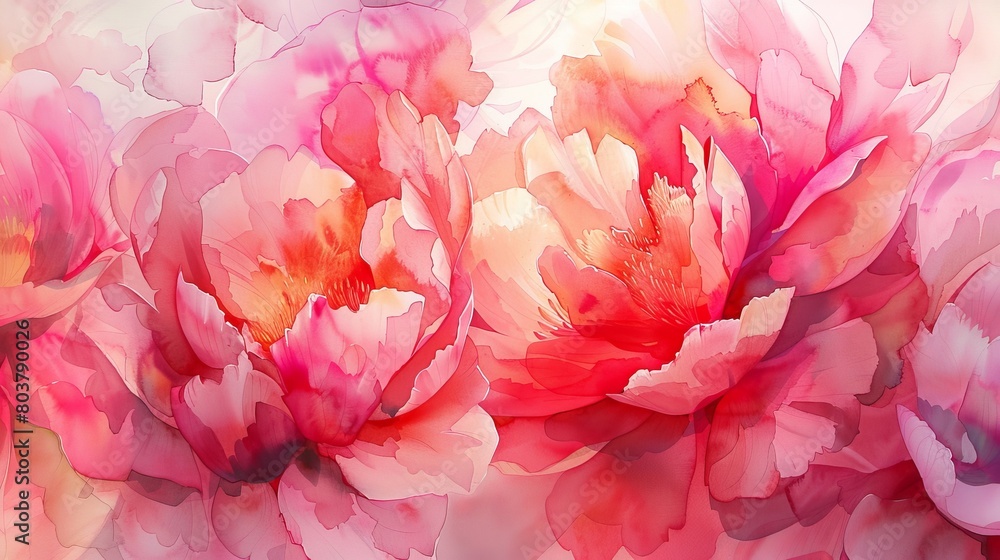 Expressive watercolor of blooming peonies, the layers of petals in shades of pink and red adding depth and a sense of renewal