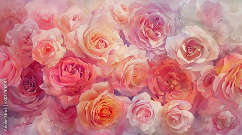 Gentle watercolor of a bouquet of garden roses  the soft petals depicted in a spectrum of pinks and reds  providing a comforting presence