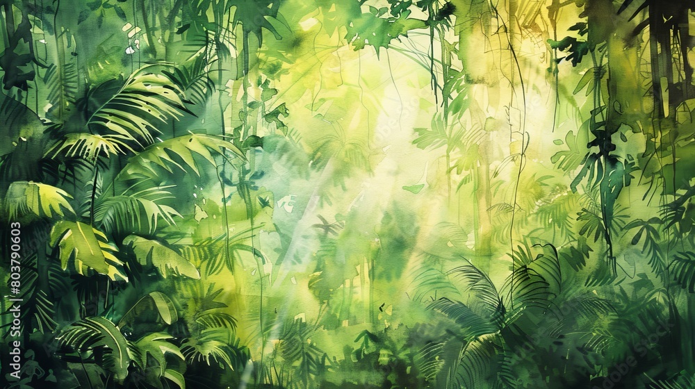Lush watercolor of a rainforest with vibrant green hues, the thick canopy overhead and light filtering to the serene forest floor