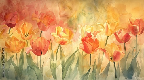 Lush watercolor of an array of tulips in full bloom  the bright reds and yellows uplifting the spirits of anyone in the room