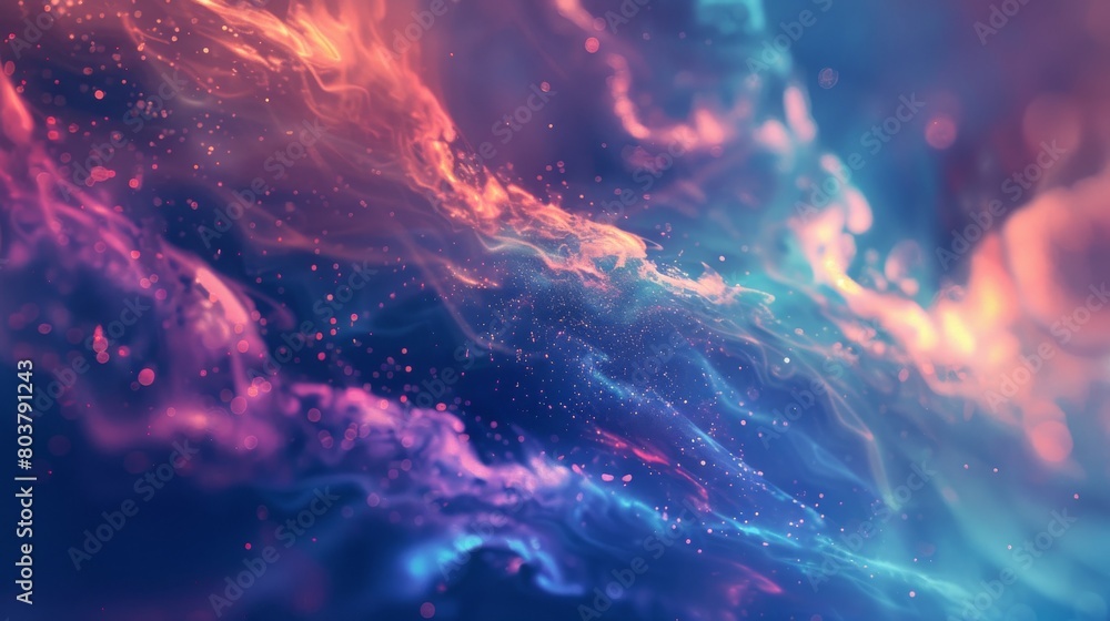 Abstract cosmic backround with swirling patterns featuring bright blues, purples, oranges, and reds. sparkling particles are scattered throughout, adding to the mystical quality
