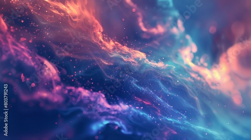 Abstract cosmic backround with swirling patterns featuring bright blues, purples, oranges, and reds. sparkling particles are scattered throughout, adding to the mystical quality photo