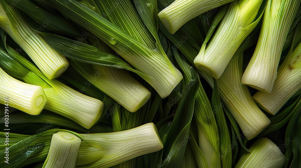 Fototapeta premium Fresh green leek background. Top view.