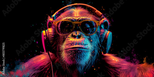 Cool neon party dj monkey in headphones and sunglasses photo