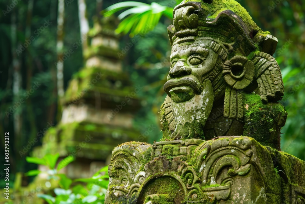 Explore the hidden ruins of an ancient civilization nestled deep within the rainforest, where moss-covered temples and crumbling statues, Generative AI