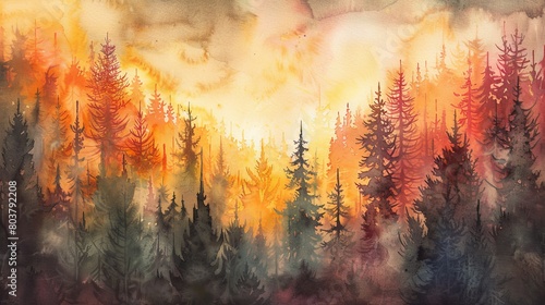 Lush watercolor painting of a dense forest at sunset, the sky peeking through the trees in hues of orange and red, evoking warmth and peace © Alpha