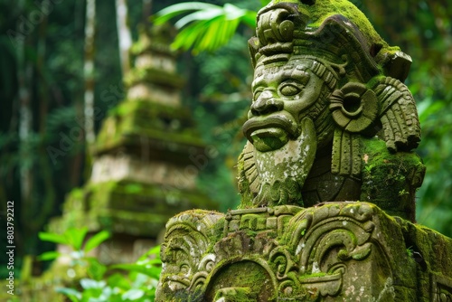 Explore the hidden ruins of an ancient civilization nestled deep within the rainforest, where moss-covered temples and crumbling statues, Generative AI