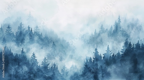 Minimalist watercolor of a pine forest in winter  the stark beauty of the snow-covered trees fostering a quiet and reflective mood