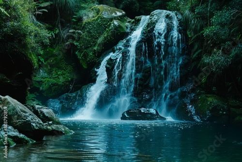 Explore the hidden wonders of a cascading waterfall nestled deep within the heart of the rainforest  its waters tumbling down moss-covered  Generative AI