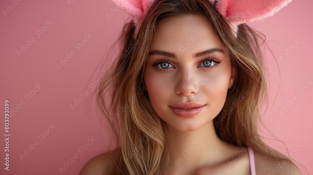 Within an Easter ambiance, a charming woman with bunny ears is captured against a dark pink backdrop, allowing for text placement, perfect for a Happy Easter banner. Within an Easter ambiance, a charming woman with bunny ears is captured against a dark pink backdrop, allowing for text placement, perfect for a Happy Easter banner.