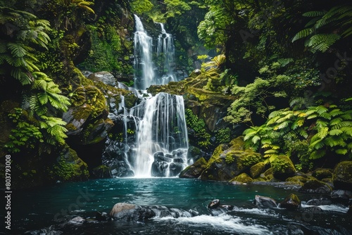 Explore the hidden wonders of a cascading waterfall nestled deep within the heart of the rainforest  its waters tumbling down moss-covered  Generative AI