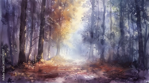 Soft watercolor painting of a peaceful clearing in the woods  early morning fog enhancing the mystic feel and rich hues of the forest