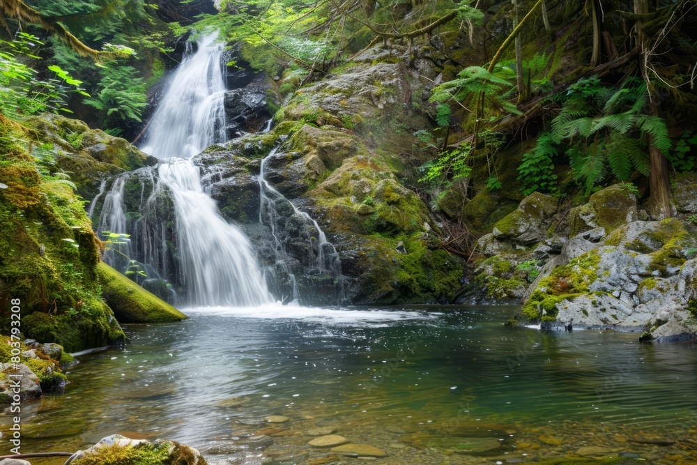 Explore the hidden wonders of a cascading waterfall nestled deep within the heart of the rainforest, its waters tumbling down moss-covered, Generative AI