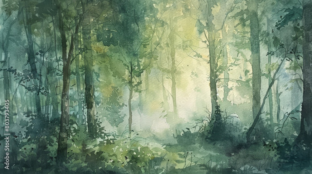 Tranquil watercolor of a dense woodland in early morning, mist hovering among the trees and soft greens evoking calmness Tranquil watercolor of a dense woodland in early morning, mist hovering among the trees and soft greens evoking calmness