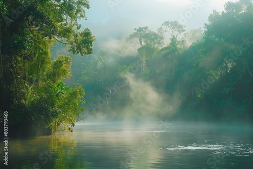  Lose yourself in the tranquil beauty of a misty rainforest morning  where the air is thick with humidity and the sound of wildlife fills  Generative AI