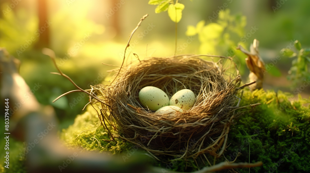 The bird's nest is made from dried grass woven together among branches and green leaves. The bird's nest is made from dried grass woven together among branches and green leaves.