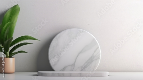 A white marble round table with a potted plant in front of it