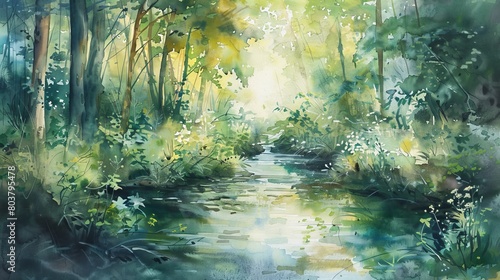 Tranquil watercolor painting of a quiet woodland clearing  soft light filtering through dense leaves  providing a serene retreat
